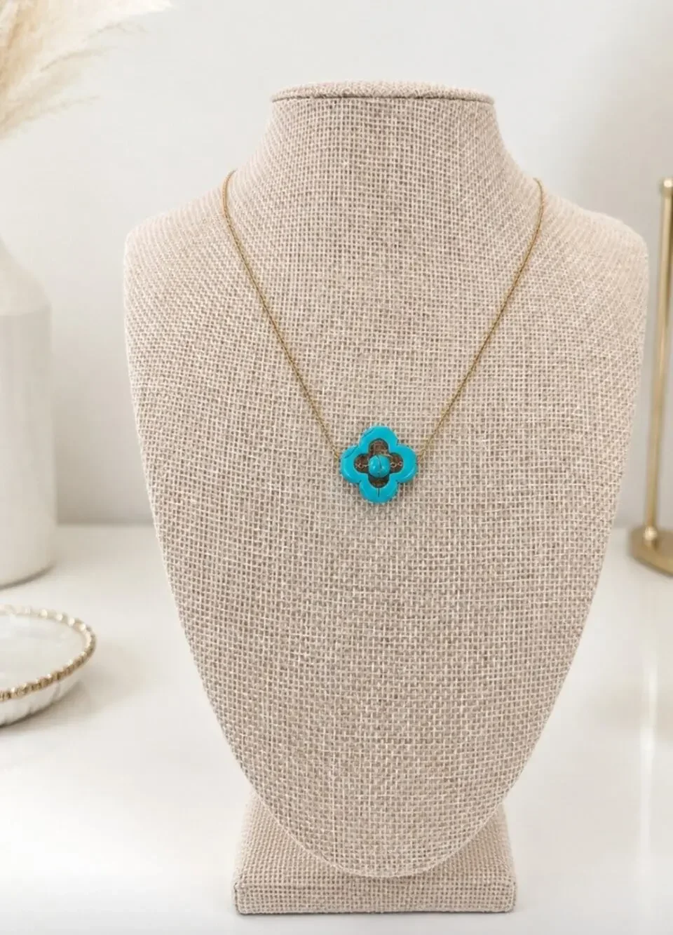 18K Plated Stainless Steel Faux Turrqouise Clover Bead Necklace New